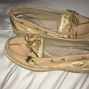 Tan and gold sperry boat shoe